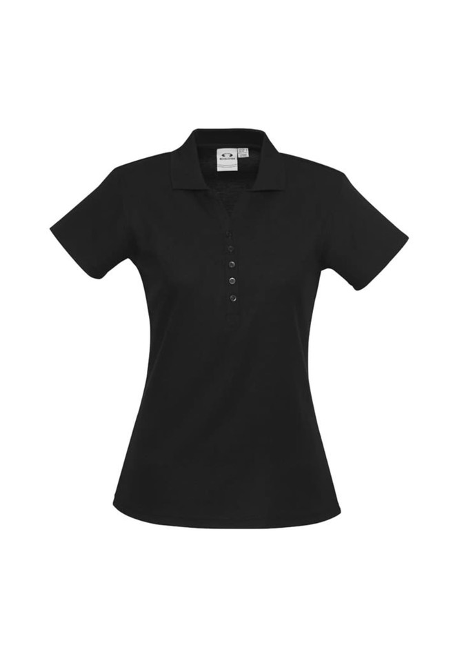 A black ladies polo shirt featuring a classic collar and a button-up placket, with a logo on the label.
