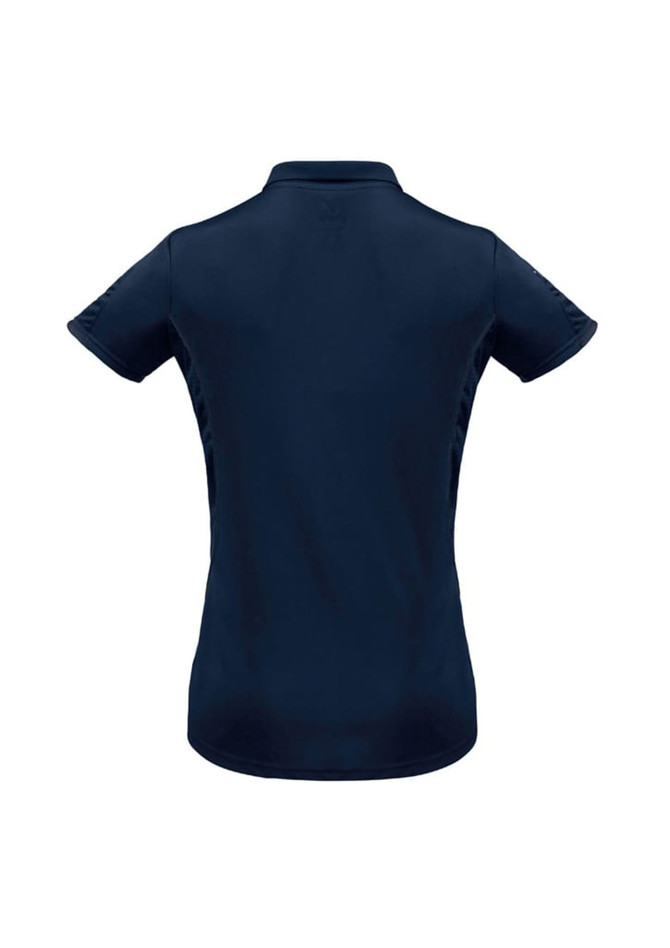 A women's short sleeve polo shirt in navy blue, featuring a back view with subtle design details and a logo.