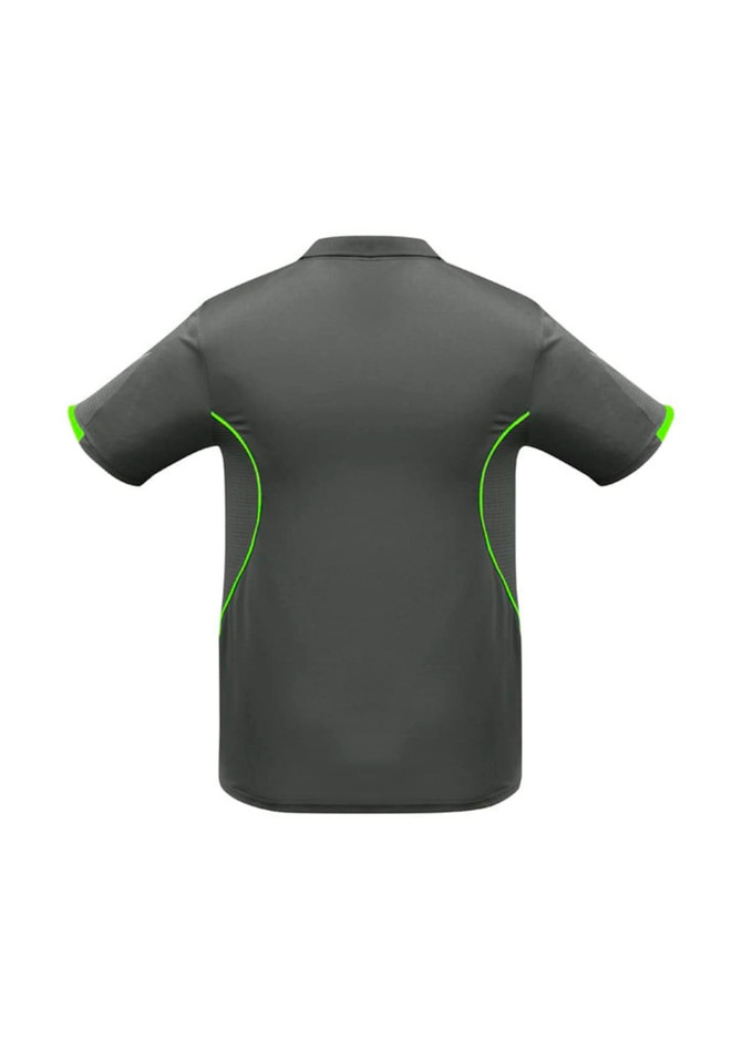 A grey short sleeve polo shirt featuring green detailing and a logo on the back.