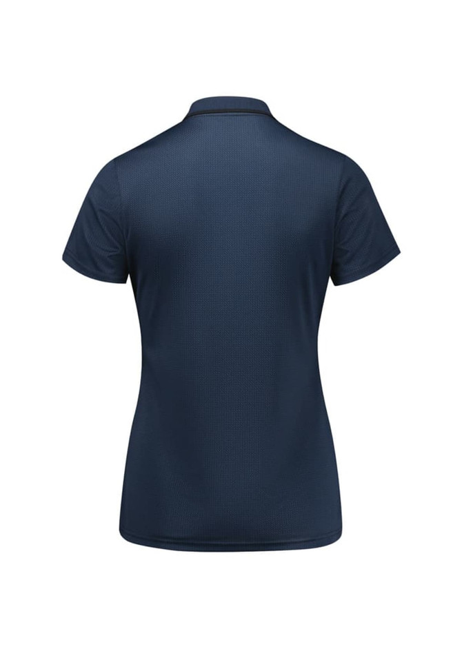 A navy blue women's short sleeve polo shirt with a textured pattern and collar. Features a logo on the front.