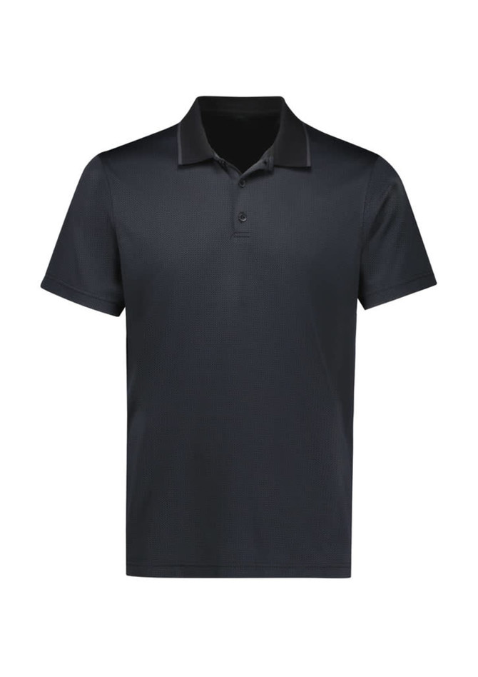A short sleeve polo shirt in black, featuring a collar and a logo on the chest.