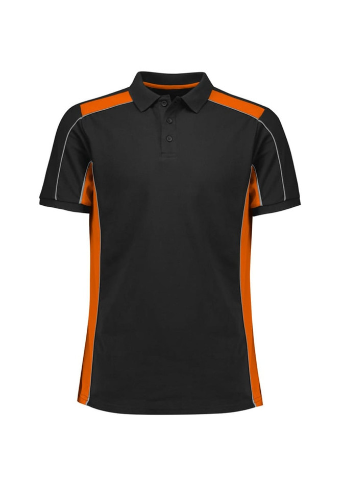 A black and orange unisex grid short sleeve polo shirt with a logo on the chest.