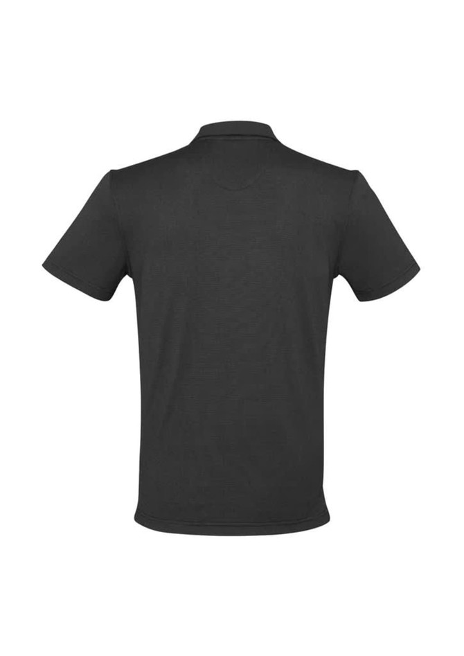 A black short sleeve polo shirt with a collar, featuring a logo on the back.