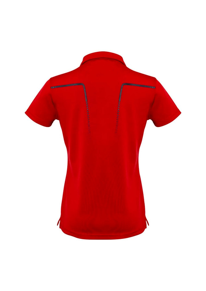 A women's short sleeve polo in vibrant red with a unique design at the back and a branding logo.