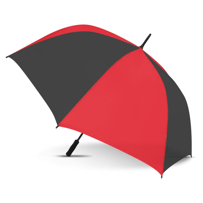 A sports umbrella featuring a bold red and black design, complete with a handle and branding logo.