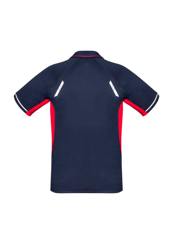 A navy and red short sleeve polo shirt with reflective detailing and a logo on the back.