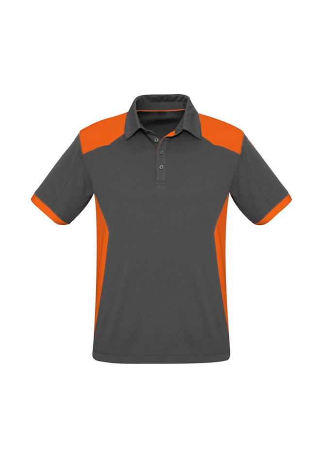 Men's polo shirt in grey with orange accents, featuring a classic collar and short sleeves. Includes a logo.