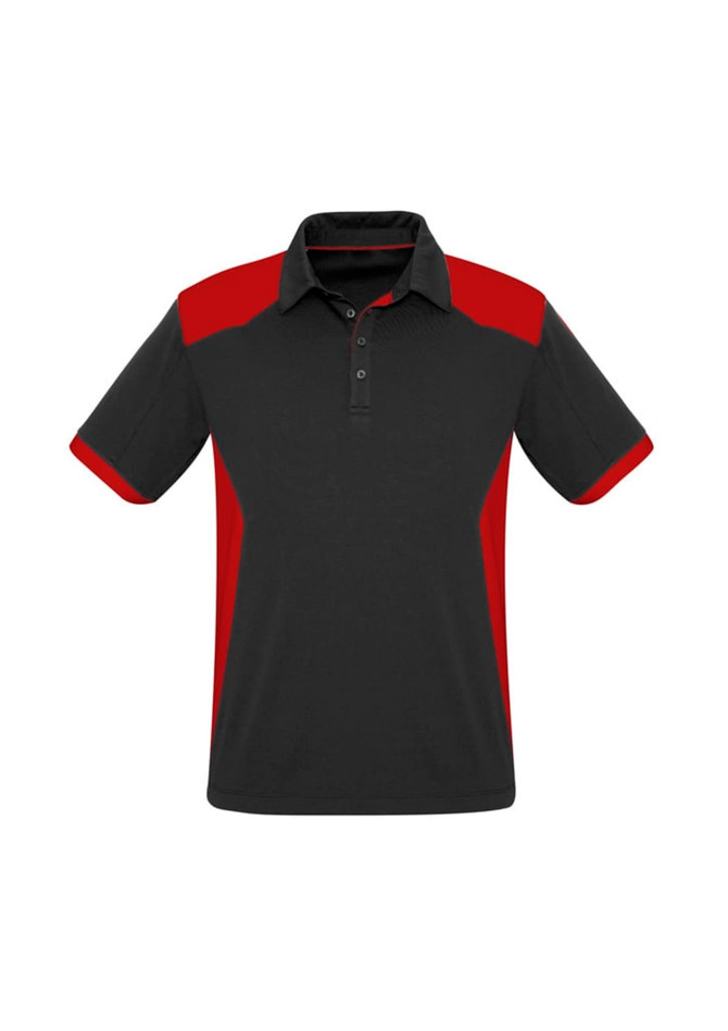 A black and red short sleeve polo shirt featuring a collar and a logo on the chest area.