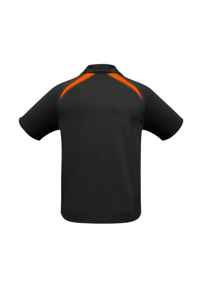 A black polo shirt with orange splice detailing and a collar. Features short sleeves and a logo.