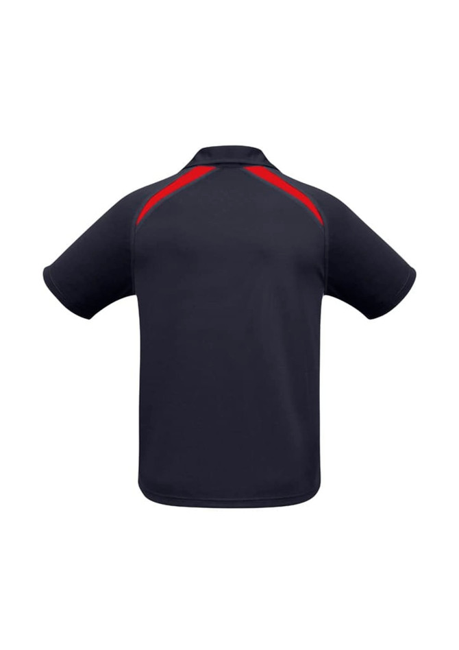 A short sleeve polo shirt in navy blue with red accents and a logo on the back.
