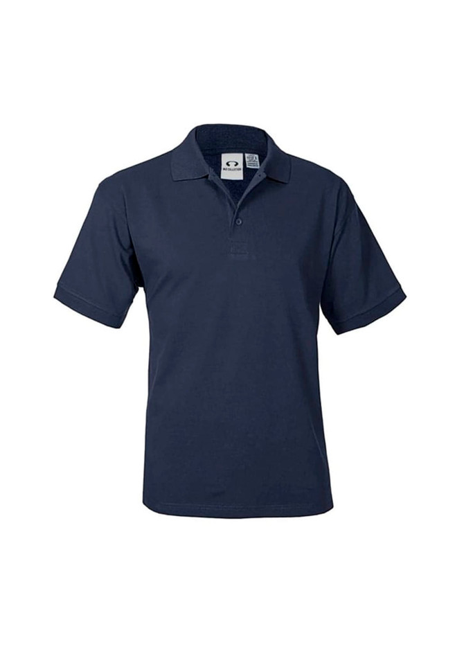 A navy short sleeve polo shirt featuring a collar and a branded label. 