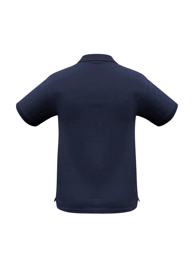 A navy blue short sleeve polo shirt with a collar, featuring a logo on the chest area.