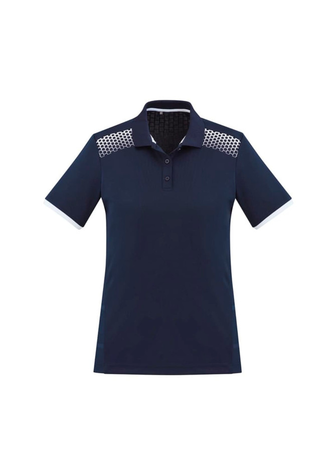 A navy women's polo shirt with short sleeves and a patterned yoke, featuring contrasting white accents and a logo.