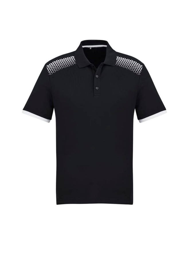 A black short sleeve polo shirt with a patterned design on the shoulders and white accents.