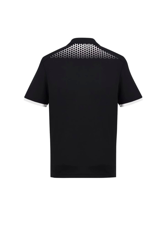 A black short sleeve polo shirt featuring a patterned back and contrasting white details. Includes a logo.