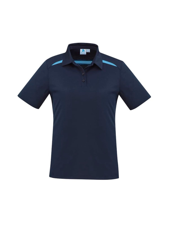 A women's short sleeve polo in navy blue with light blue accents and a logo on the chest.