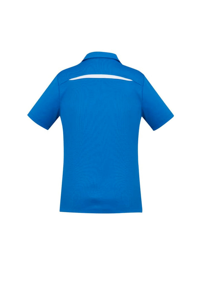 A blue women's short sleeve polo shirt with a back yoke detail and a logo.