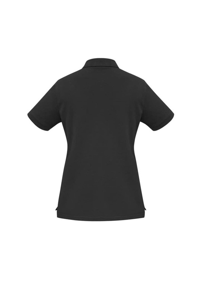 A black women's polo shirt with a short sleeve and a collar, featuring a logo on the back.