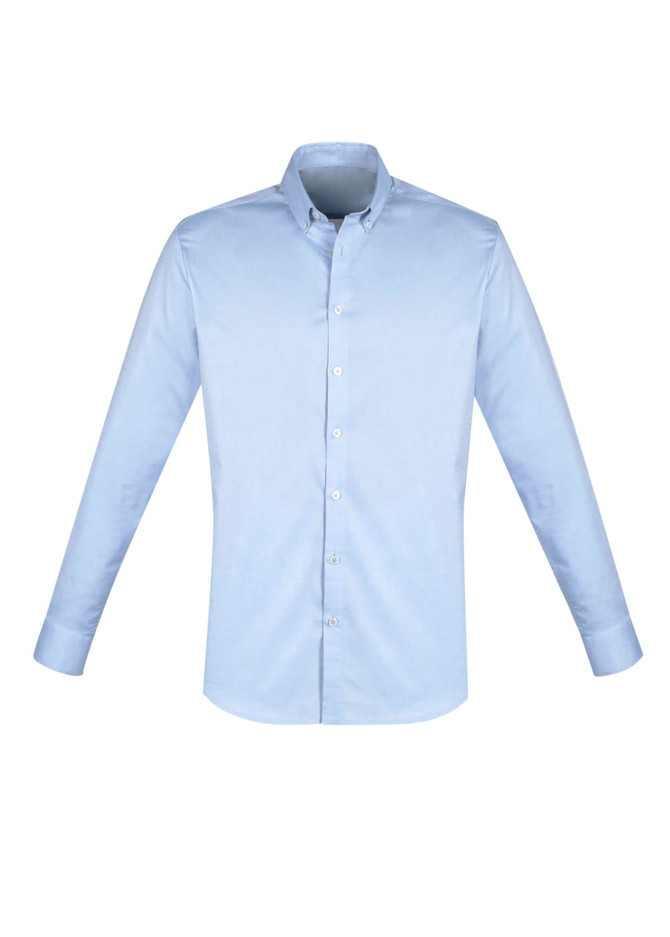 A light blue long sleeve button-up shirt with a collar and a logo. The shirt features a classic fit design.