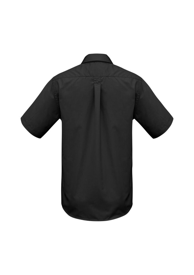 A black men's base short sleeve button-up shirt with a straight hem and a centre back pleat.