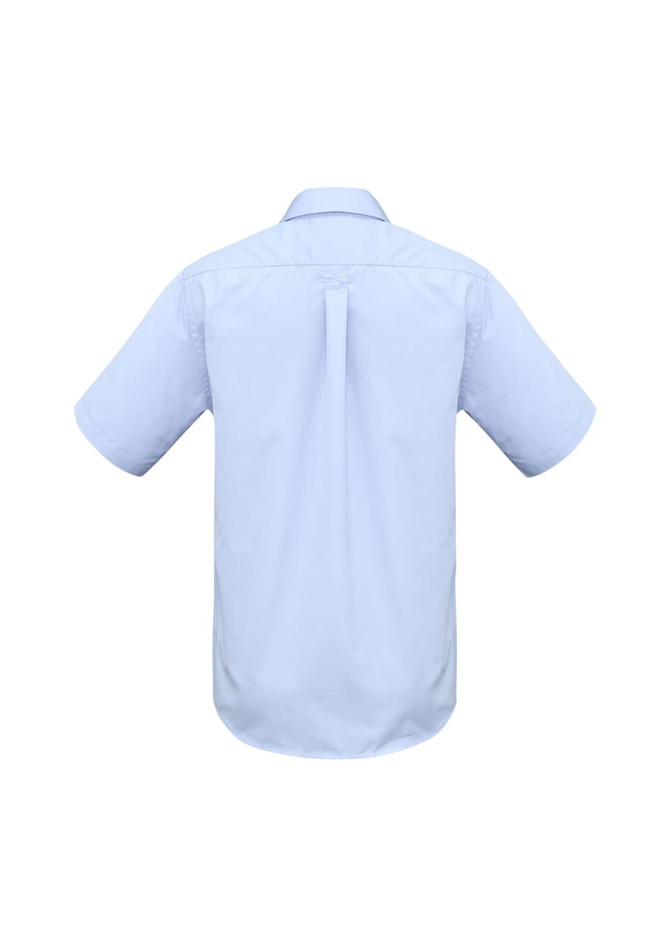 A light blue short sleeve button-up shirt with a back pleat and a logo label.