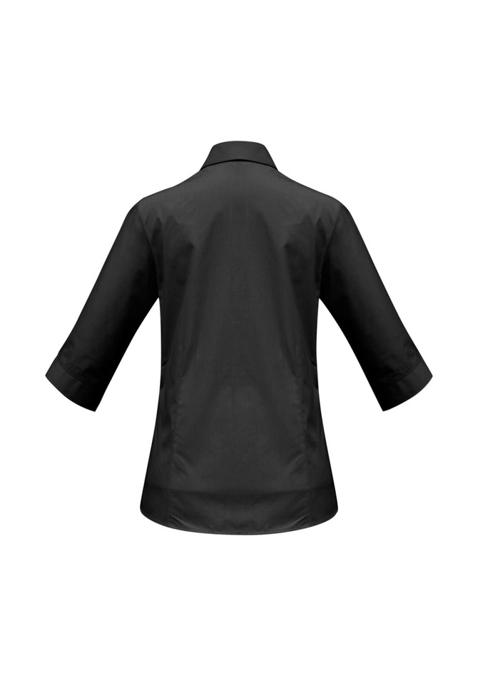 A women's black 3/4 sleeve button-up shirt with a collar and back detailing. The shirt features a logo.