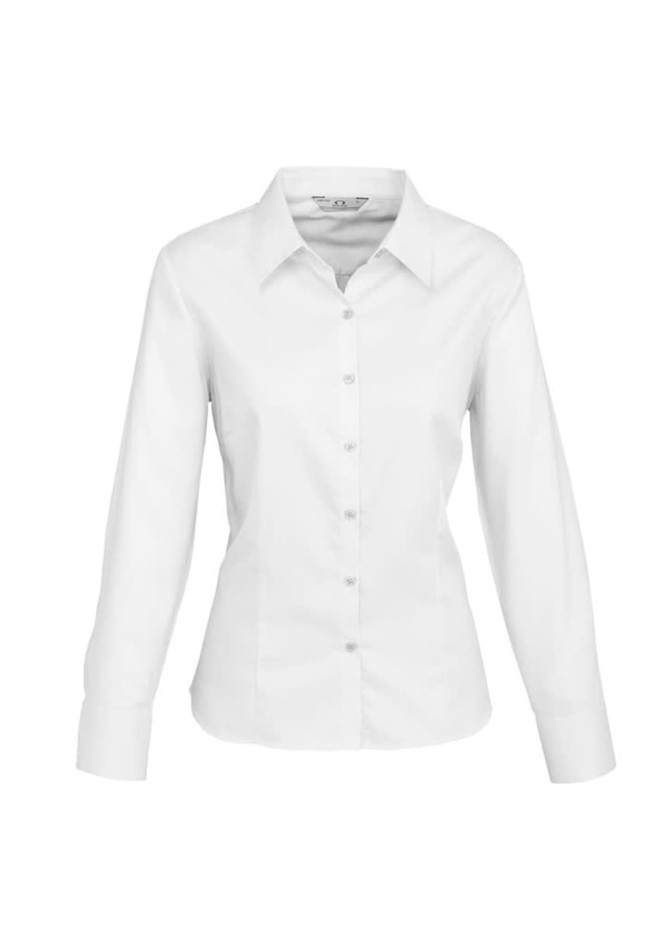 A white button-up shirt with long sleeves and a collar, featuring a front button placket and a logo on the label.