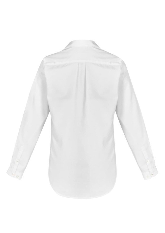 A white long sleeve button-up shirt with a collar and back pleat detail. It features buttons at the cuffs and a logo.