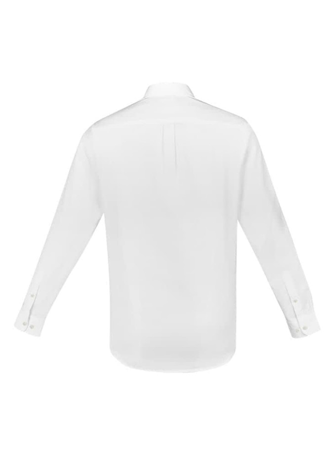 A long-sleeve white button-up shirt featuring a back pleat and cuffs with buttons. It has a logo.