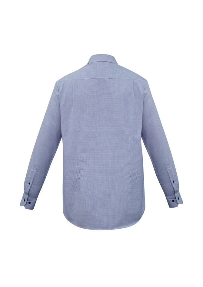 A blue check pattern long sleeve button-up shirt with a standard collar and cuffed sleeves.