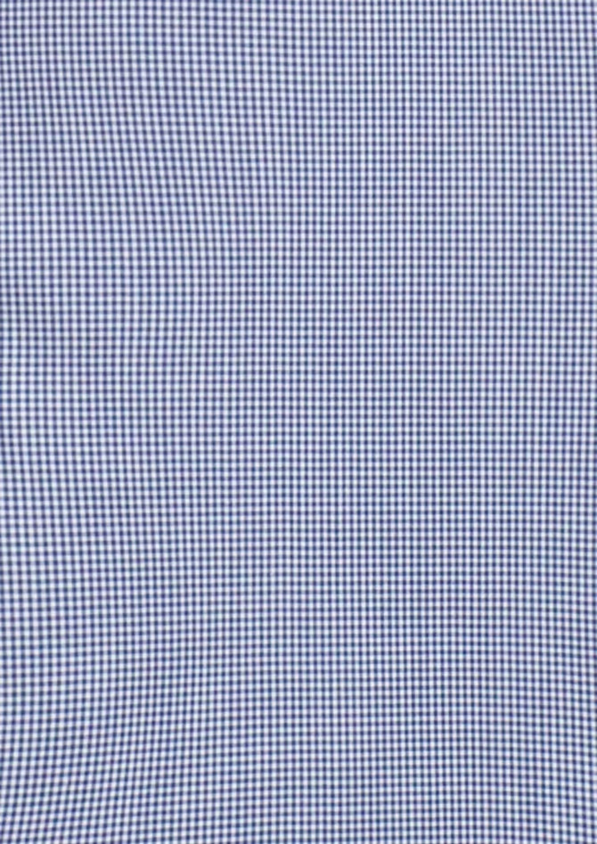 A patterned navy and white fabric featuring a small check design, suitable for a button-up shirt.