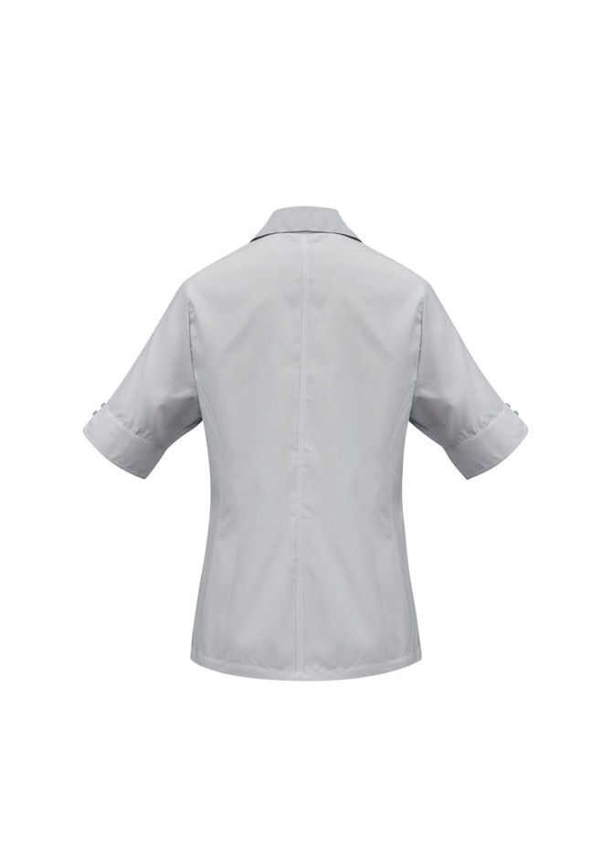 A light grey women's short sleeve button-up shirt featuring a collar and rolled sleeves. It has a subtle logo.