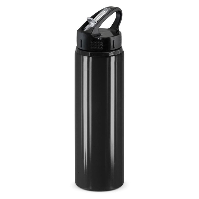 A drink bottle in black with a flip cap and a handle, featuring a logo on the body.
