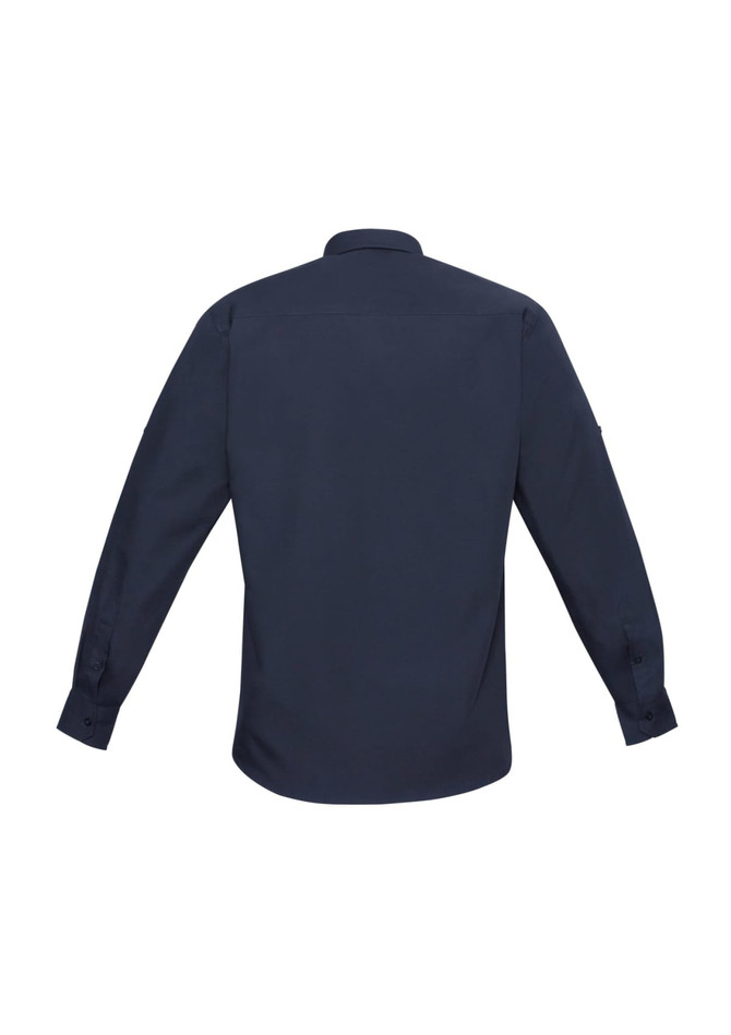 A navy blue long sleeve button-up shirt with a back view, featuring a logo on one sleeve.