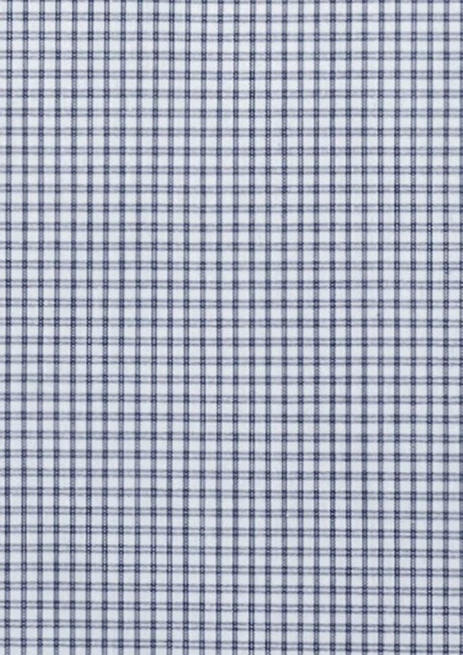 A close-up of a checkered pattern in navy and white, suitable for a women's 3/4 sleeve button-up shirt.