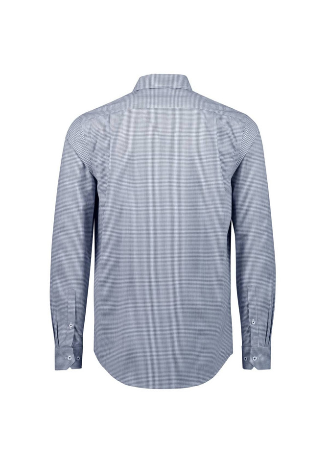 A long sleeve button-up shirt in a blue check pattern with a collar and buttoned cuffs. Features a logo on the back.
