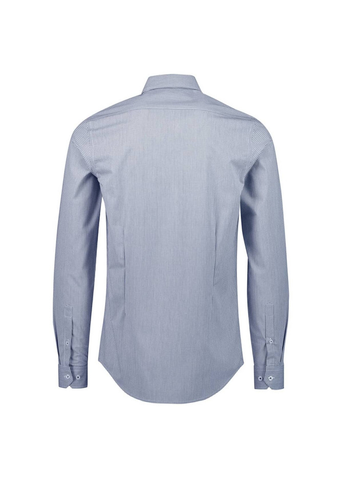 A tailored long sleeve shirt in blue and white checks, featuring a button-up design and a branded label.
