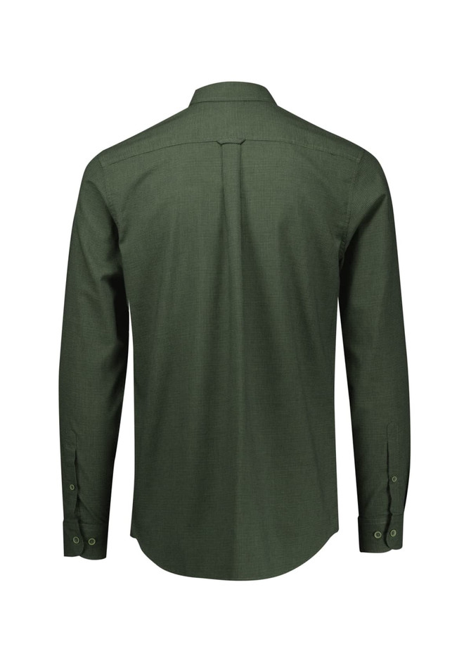 A long-sleeve button-up shirt in olive green, featuring a back yoke and button cuffs, with a logo.