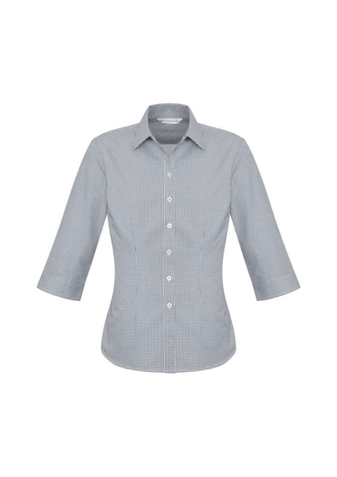 A button-up women's shirt in a grey and white gingham pattern with 3/4 sleeves and a collar.