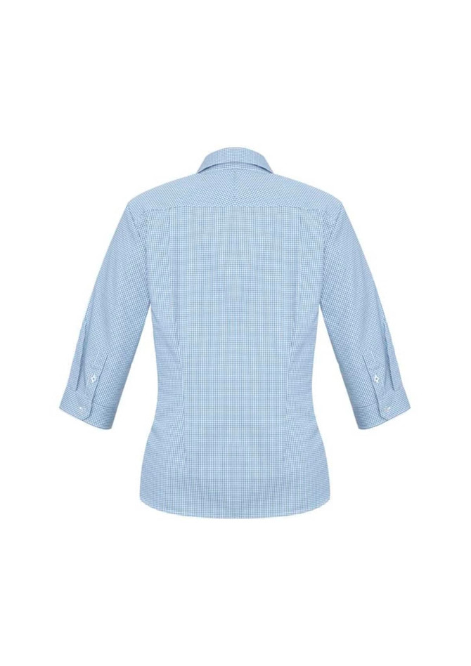 A blue check-patterned women's button-up shirt with 3/4 sleeves and a collar, featuring a logo.