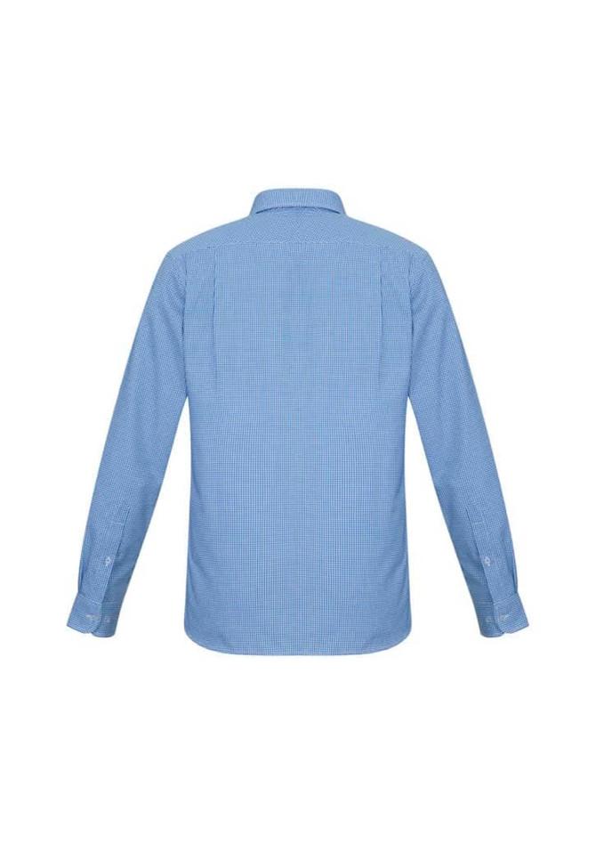 A long sleeve blue and white striped button-up shirt with a collar and cuffs, featuring a brand logo.
