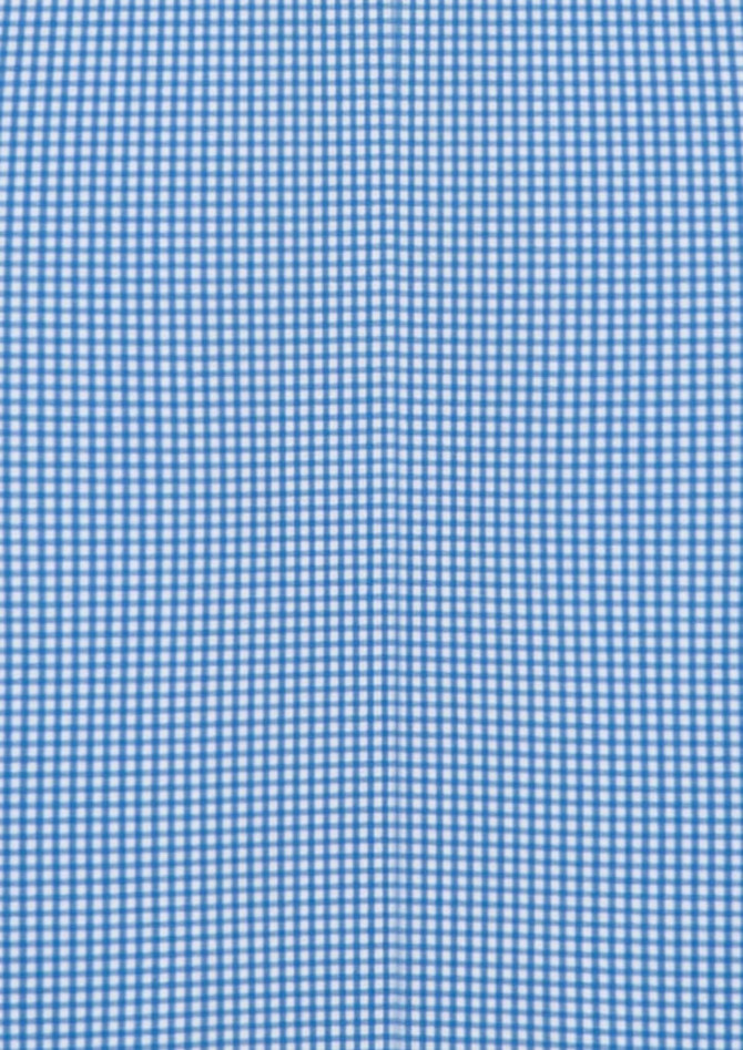 A blue checkered long sleeve button-up shirt with a subtle pattern and a logo.
