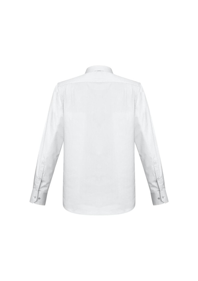A white long sleeve button-up shirt featuring a classic collar and multiple buttons at the cuffs.