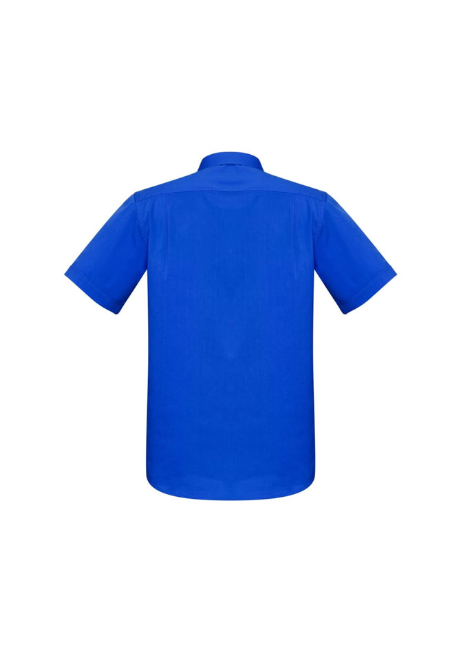 A blue men's short sleeve button-up shirt with a back yoke and collar, featuring a logo.