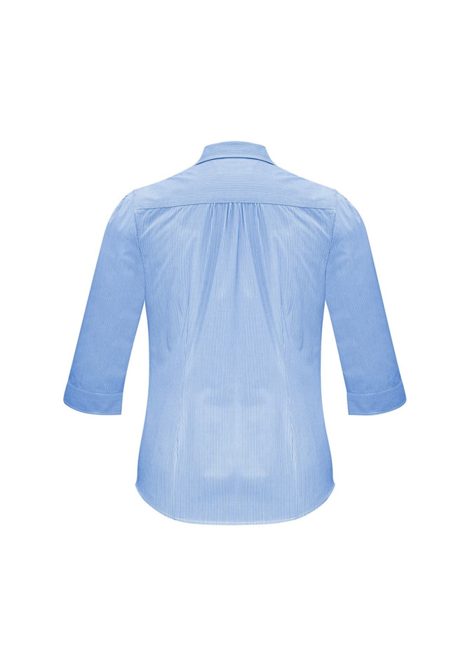 A women's blue 3/4 sleeve button-up shirt featuring a back pleat design and a logo.