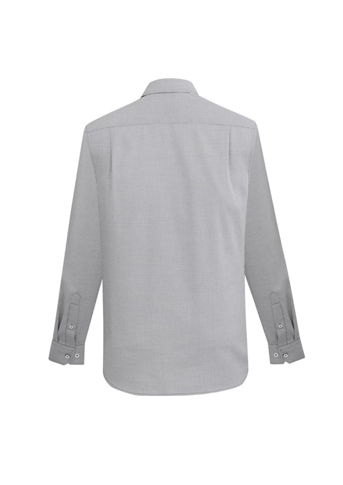 A grey long sleeve button-up shirt with a collar and cuff detailing, featuring a small logo.