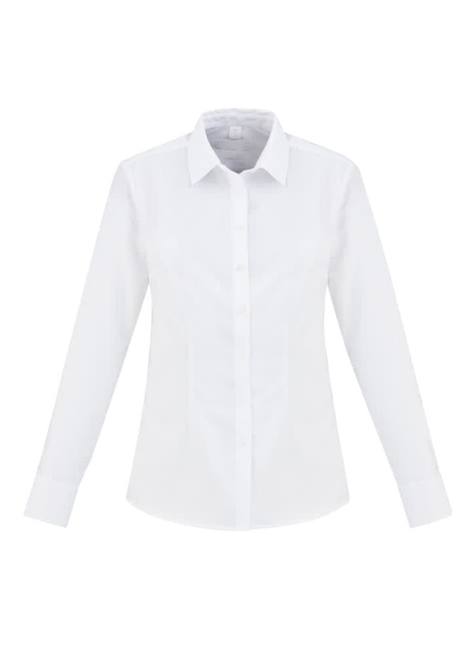 A white women's button-up shirt with long sleeves and a classic collar. It features a branded logo.