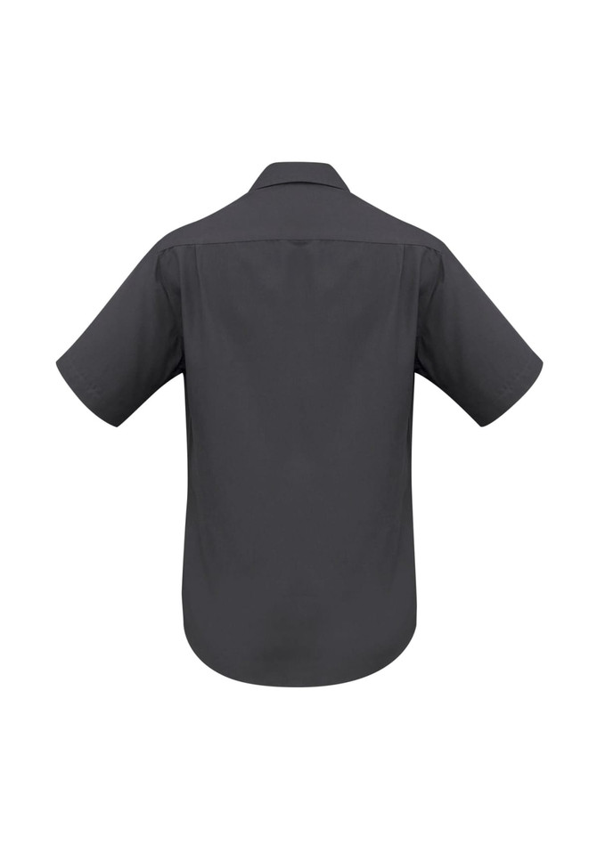 A short sleeve button-up shirt in a solid dark grey colour, featuring a back view and a logo.