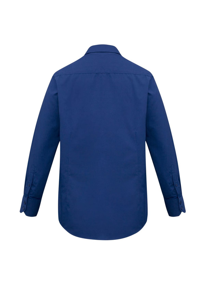 A back view of a navy blue long sleeve button-up shirt featuring a collar and button cuffs, with a logo.