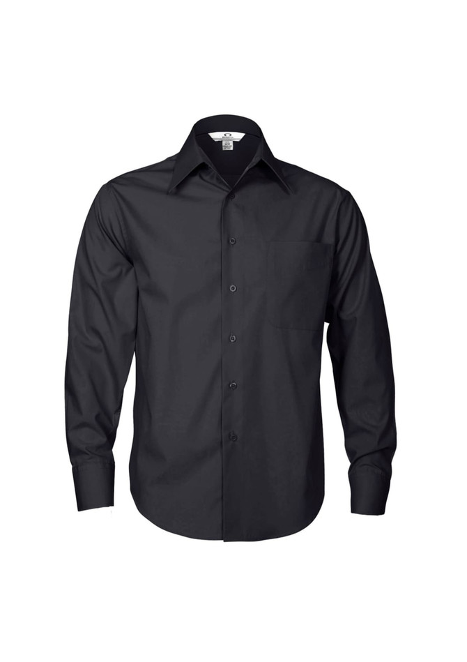 A black long sleeve button-up shirt with a single pocket and a collar. It features a logo on the label.